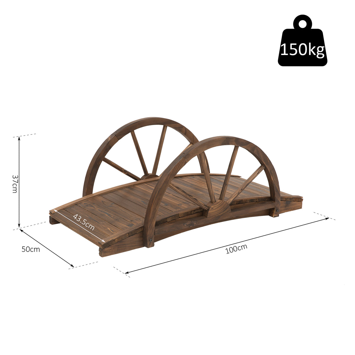 Wooden Garden Bridge Lawn Décor Stained Finish Arc Outdoor Pond WalkwayYard Decoration Half Wheeled Railings 100L x 50W x 37Hcm