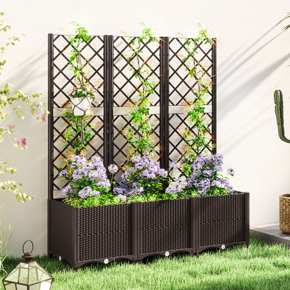 Raised Garden Bed with Trellis, Plastic Planter Box with Drainage Holes, Drain Plugs and Water Reservoirs for Climbing Plants, Vegetables, Flowers, Brown
