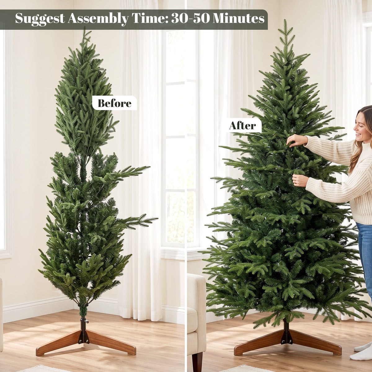7ft Artificial Christmas Tree Full Hinged Xmas Tree Solid Pine Wood Stand, Green