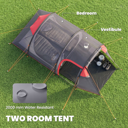 2 Man Tunnel Tent with Sewn-in Groundsheet, Air Vents, Rainfly, 2000mm Large Camping Tent with Bedroom, Porch, Living Area for Camping, Hiking, 426L x 206W x 154H cm