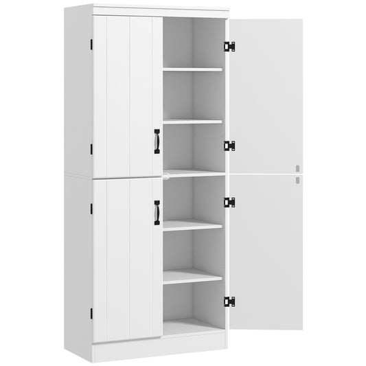4-Door Tall Kitchen Cupboard, Freestanding 6-Tier Storage Cabinet with 2 Adjustable Shelves for Living Room, Dining Room, White
