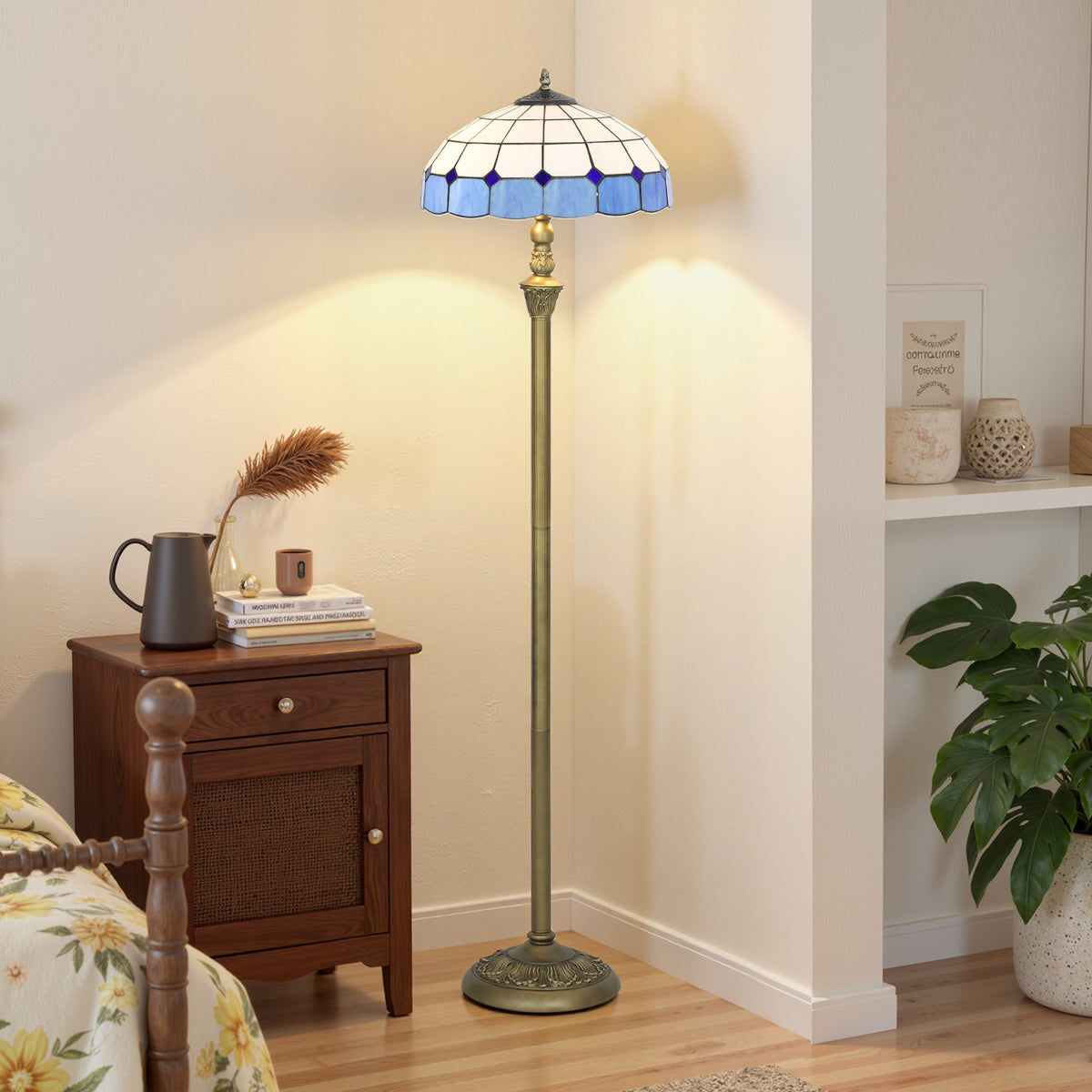 Tiffany-Style Floor Lamp with Handcrafted Stained Glass Shade, 152cm Tall Vintage Standing Lamp with Foot Switch and Dual Sockets for Living Room Bedroom