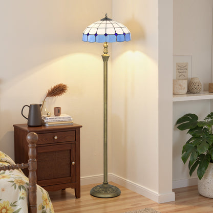 Tiffany-Style Floor Lamp with Handcrafted Stained Glass Shade, 152cm Tall Vintage Standing Lamp with Foot Switch and Dual Sockets for Living Room Bedroom