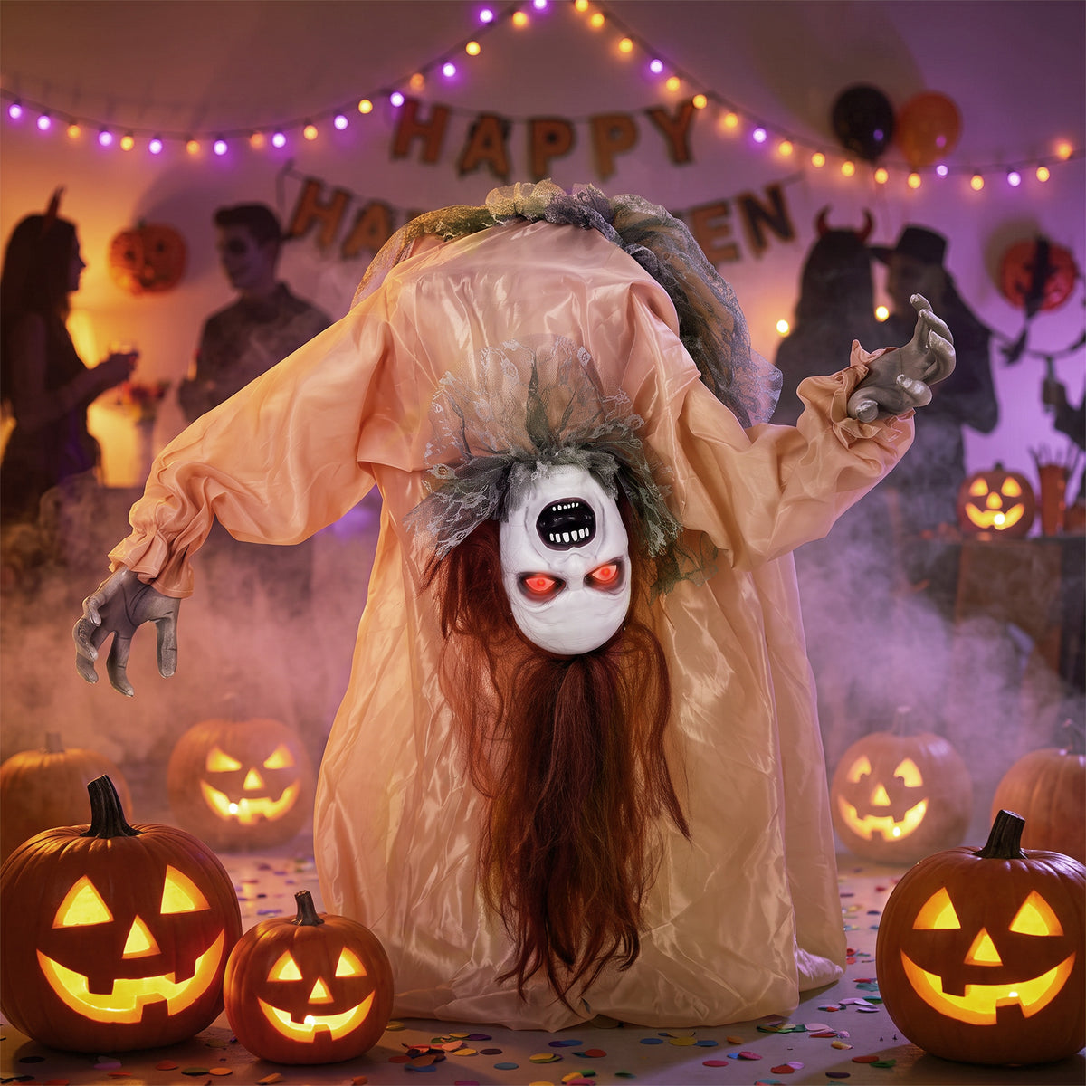 Animated Halloween Ghost, Halloween Animatronics with Creepy Screams, Glowing Eyes, Sound/Touch Activated