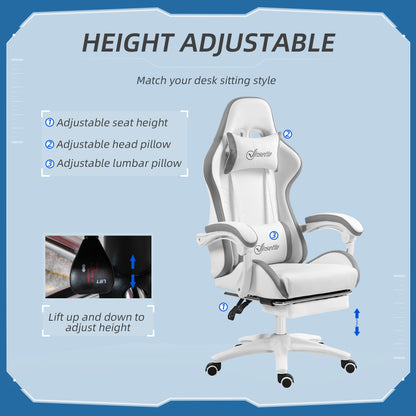 Computer Gaming Chair, PU Leather Desk Chair with Footrest, Swivel Task Chair with 135° Reclining Back and Lumbar Support, PC Chair for Adults, White and Grey