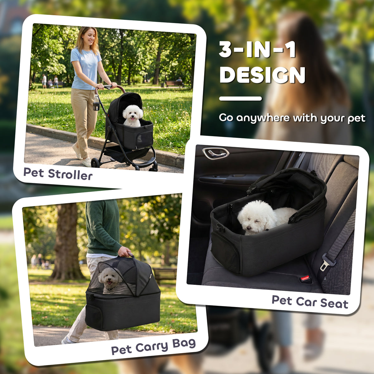 Dog Stroller, 3 in 1 Foldable Pet Stroller for Small Puppy Cat with Detachable Travel Carrier, Storage Basket