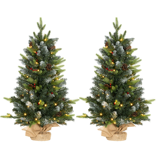 Set of Two 3ft Christmas Trees, with Lights, Berries and Pinecones