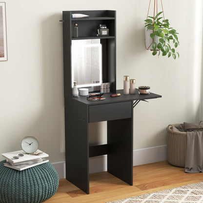 Small Vanity Desk with Mirror and LED Lights, Compact Dressing Table with Drop Leaf, Open Shelves and Drawer