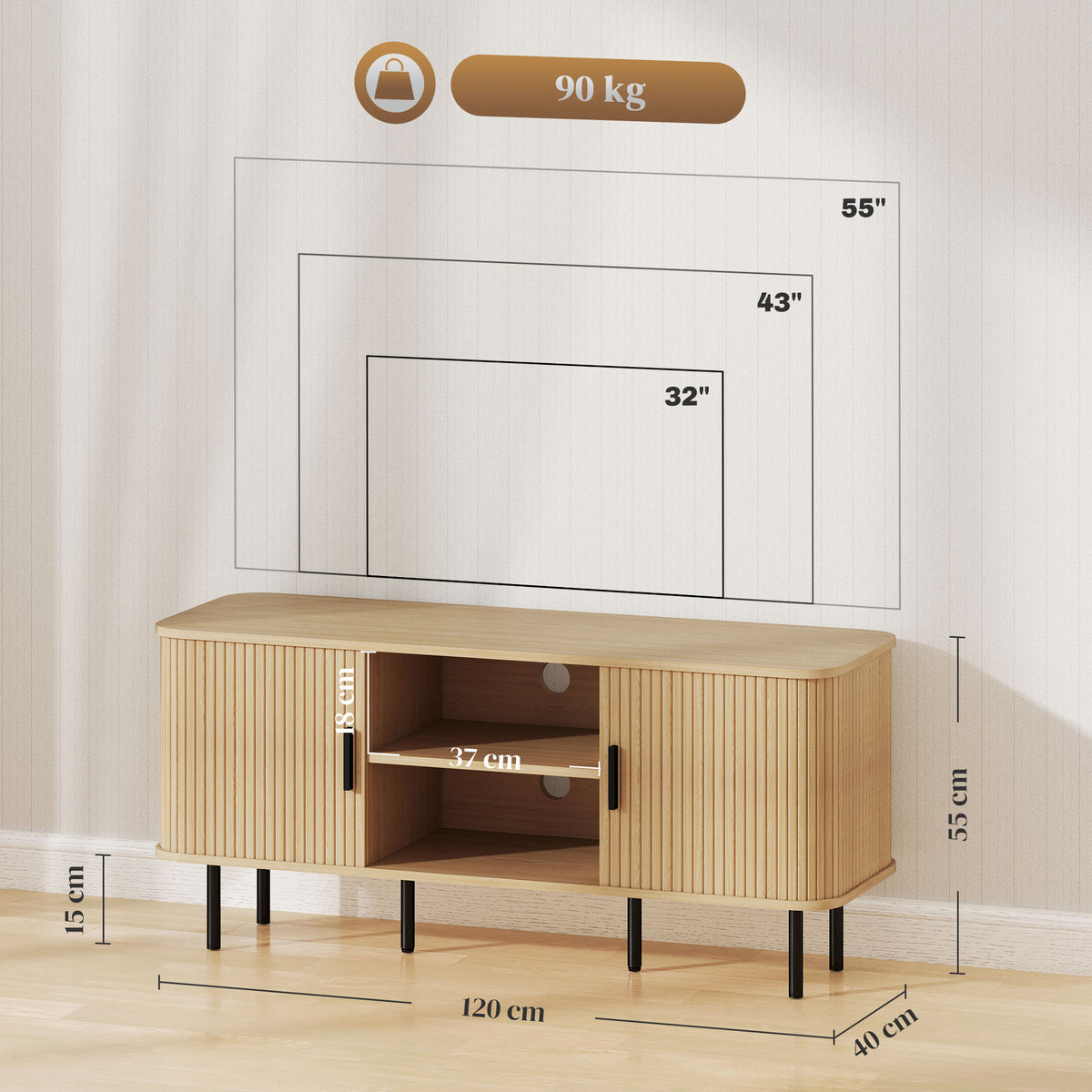 TV Stand Cabinet for TVs up to 55 Inches, TV Unit with Storage Shelves and Cupboard for Living Room