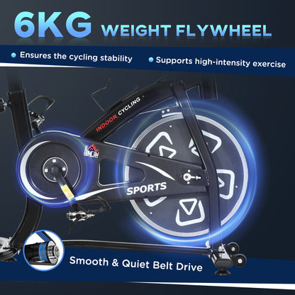 Indoor Stationary Exercise Bike 6kg Flywheel Fitness Cardio Workout Bke Trainer for Home Gym w/ Adjustable Resistance LCD Monitor Pad and Bottle Holder Black