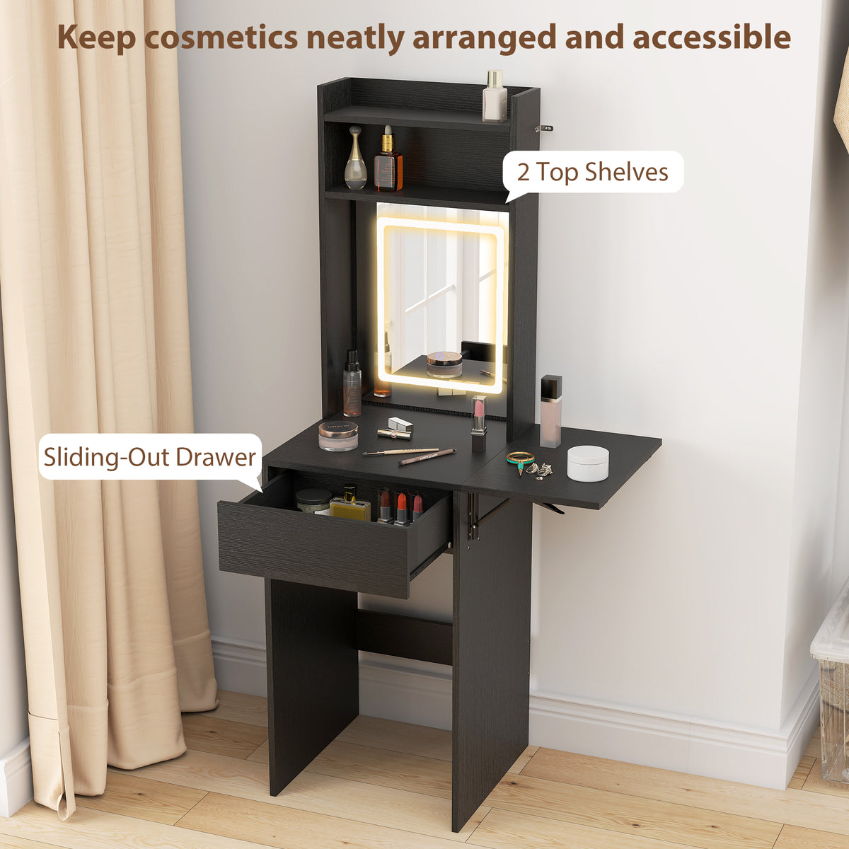 Small Vanity Desk with Mirror and LED Lights, Compact Dressing Table with Drop Leaf, Open Shelves and Drawer