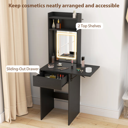 Small Vanity Desk with Mirror and LED Lights, Compact Dressing Table with Drop Leaf, Open Shelves and Drawer