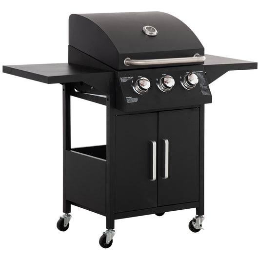 3 Burner Gas BBQ Grill Outdoor Portable Barbecue Trolley w/ Warming Rack, Side Shelves, Storage Cabinet, Thermometer, Carbon Steel, Black