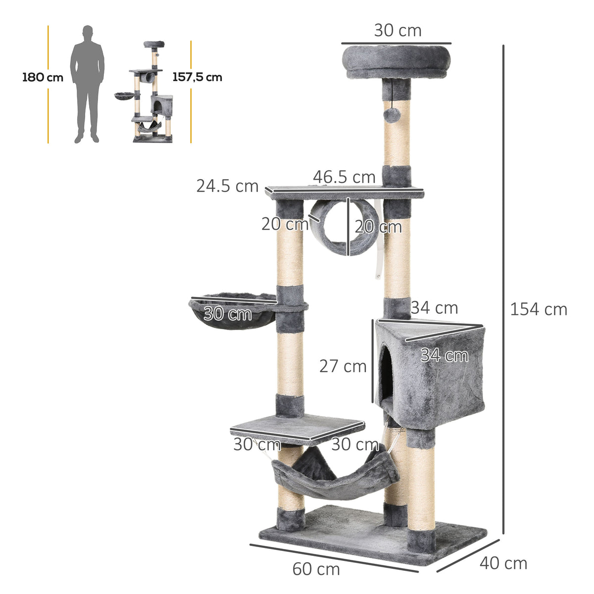 Cat Tree for Indoor Cats Condo Tower Multi-level Height 150CM Kittens Activity Stand House with Toys & Various Scratching Posts