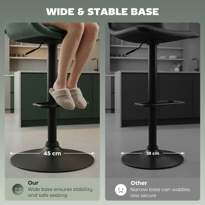 Retro Bar Stools Set of 2, Adjustable Kitchen Stool, Upholstered Bar Chairs with Back, Swivel Seat, Green