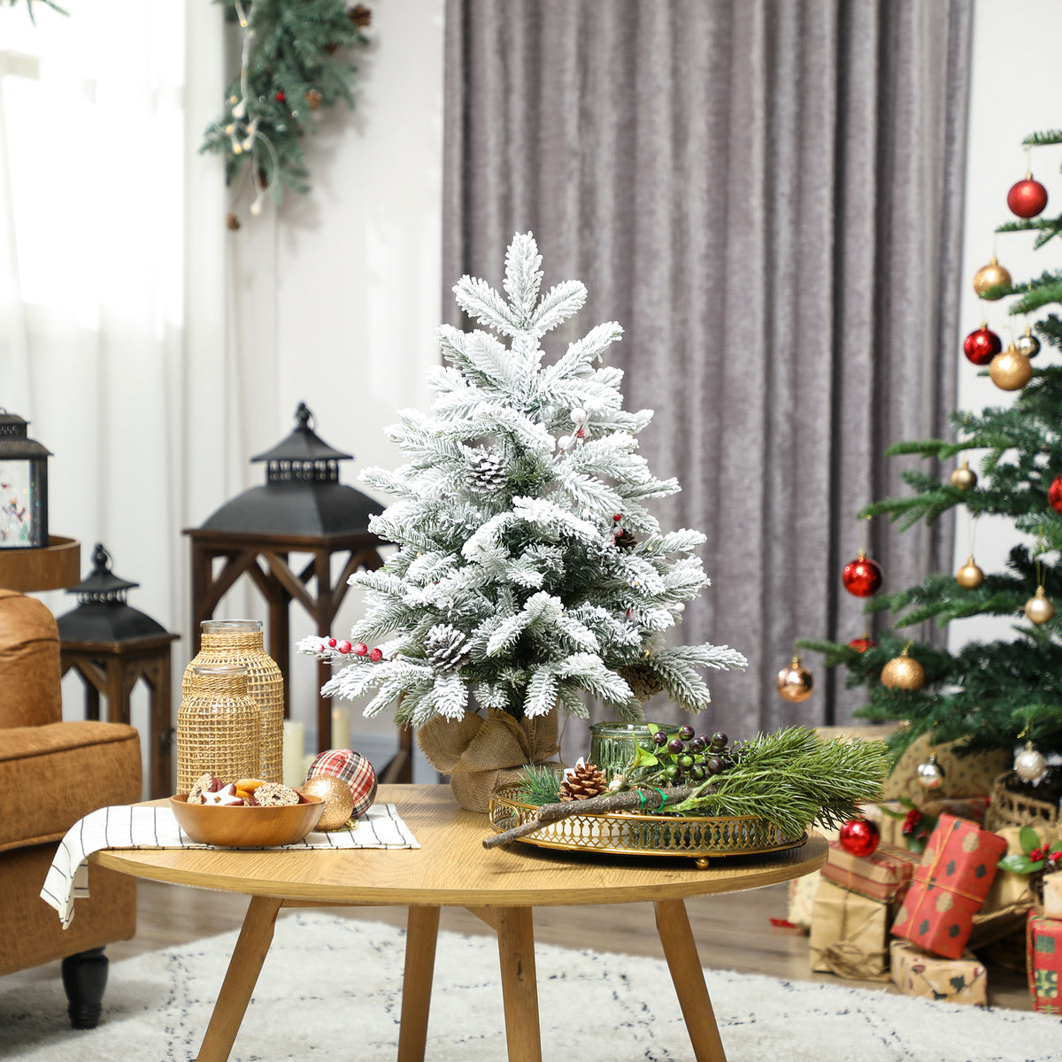 60 cm Prelit Small Christmas Tree with 35 LED Lights, Snow Flocked Tabletop Mini Xmas Tree with Pine Cones, Berry Clusters and Linen Cover Base, Battery Operated, Green