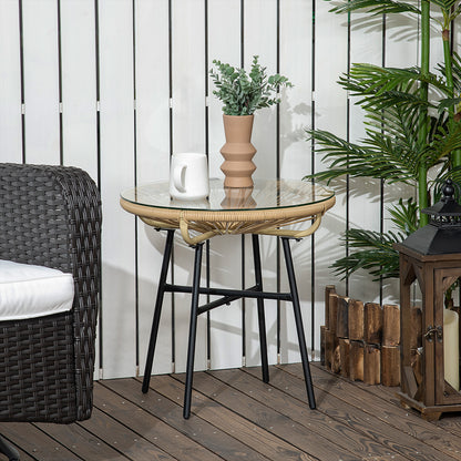 Rattan Side Table, Round Outdoor Coffee Table, with Round PE Rattan and Tempered Glass Tabletop for Patio, Garden, Balcony, Beige