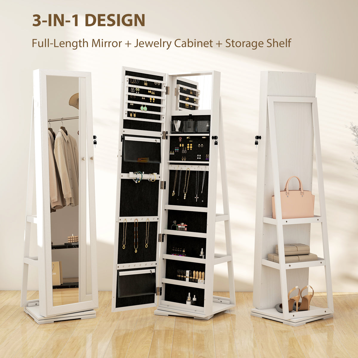 360° Swivel Jewellery Cabinet, Free Standing Full Length Mirror with Storage, Lockable Jewellery Organiser with Built-in Makeup Mirror and Storage Shelves for Bedroom