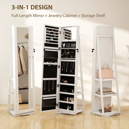 360° Swivel Jewellery Cabinet, Free Standing Full Length Mirror with Storage, Lockable Jewellery Organiser with Built-in Makeup Mirror and Storage Shelves for Bedroom