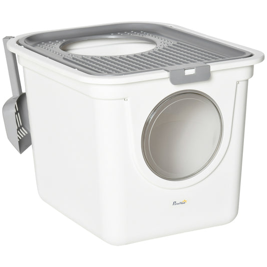 Cat Litter Box, Pet Toilet, Enclosed Kitten Pan with Front Entrance Top Exit, High Side, Scoop, White