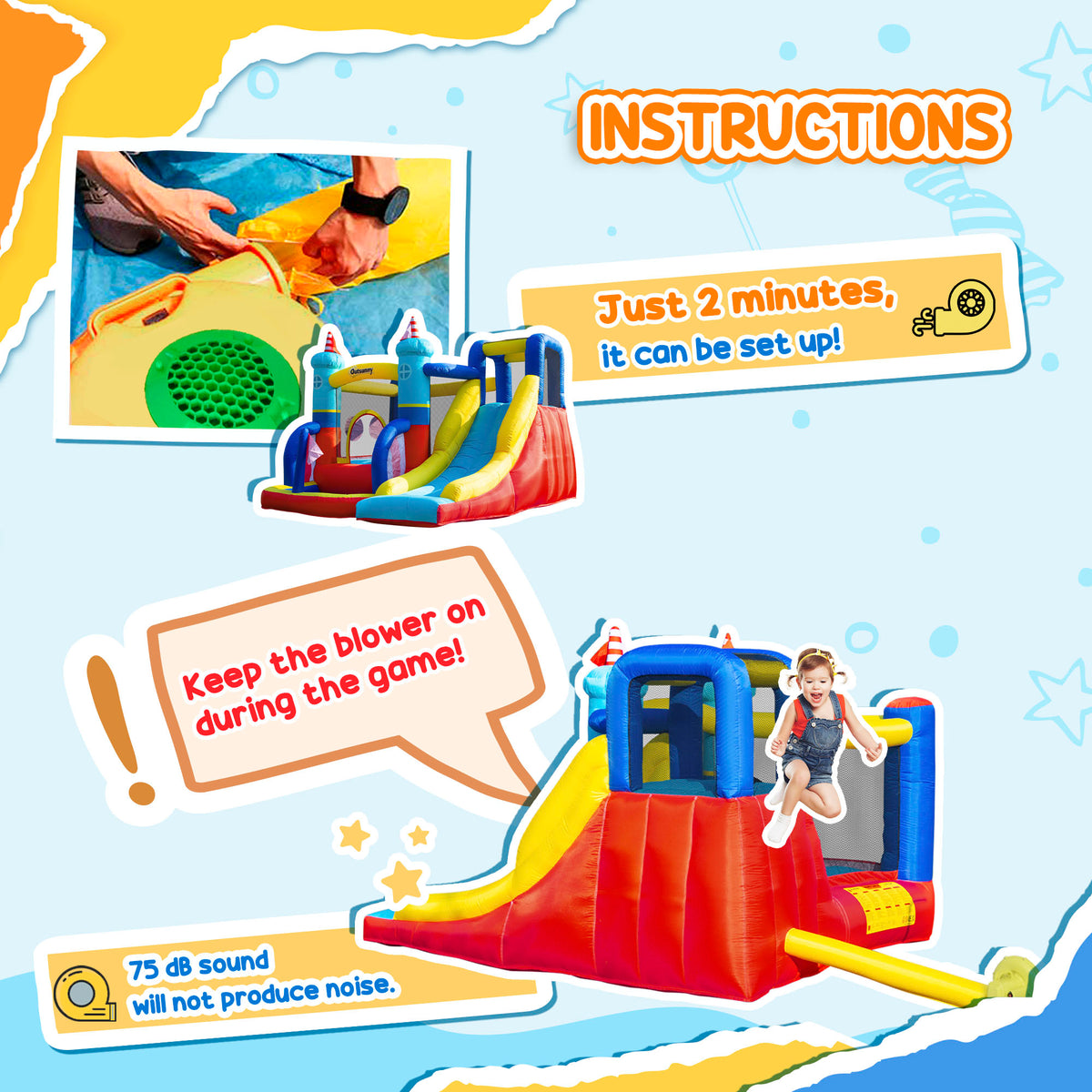 Kids Bouncy Castle, 4 in 1 Large Sailboat Style Inflatable House Slide Trampoline Water Pool Climbing Wall with Blower Carrybag for Kids Age 3-8, 2.65 x 2.6 x 2m