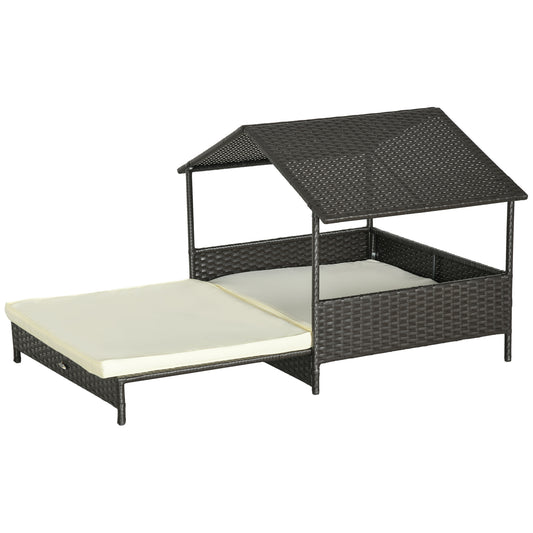 Extendable Elevated Dog Bed, Rattan Dog House, with Water-Resistant Roof, Removable Cushion, Cream