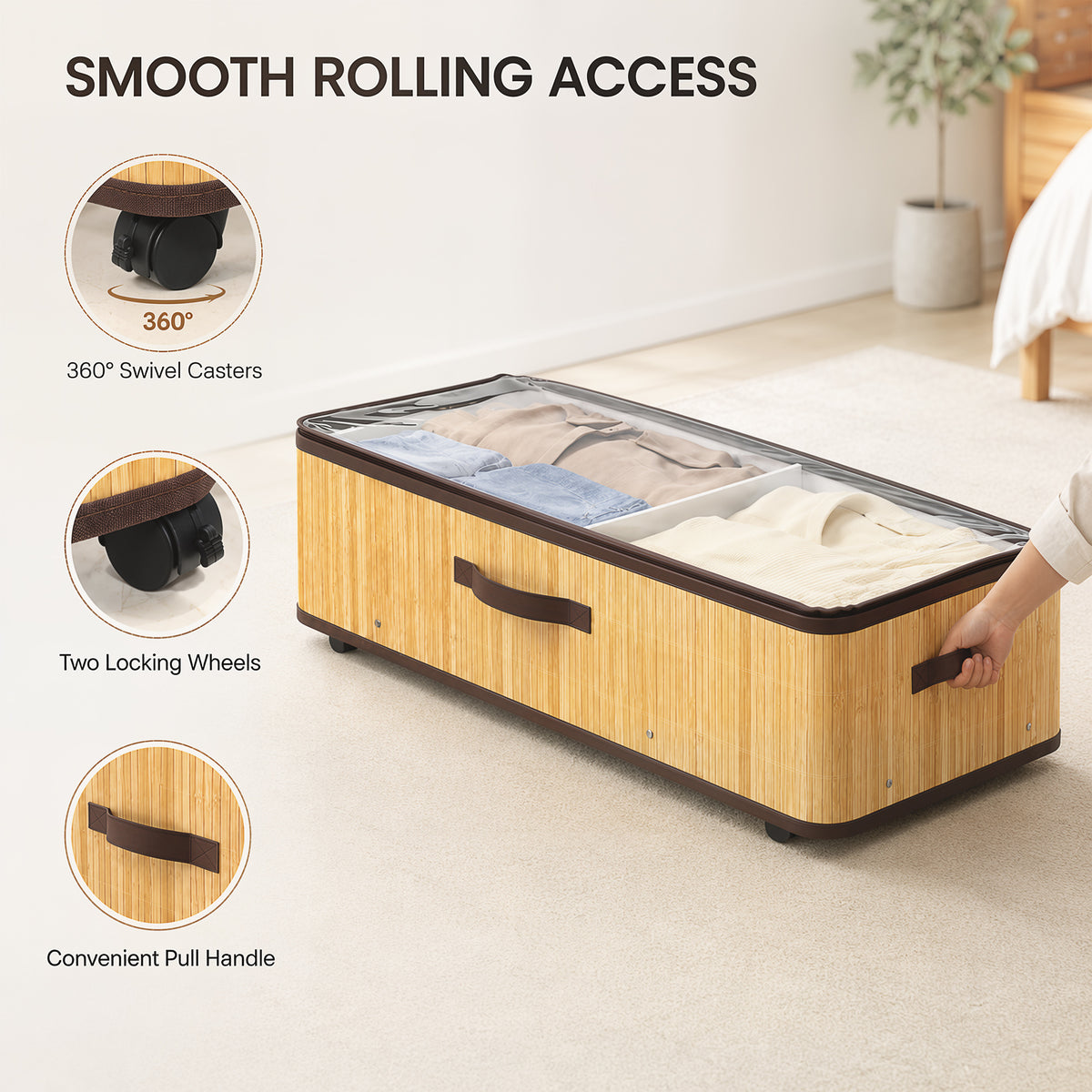 60L Under Bed Storage with Wheels Pack of 2, Underbed Storage Box with Clear Lid Cover and Reinforced Handle, Natural