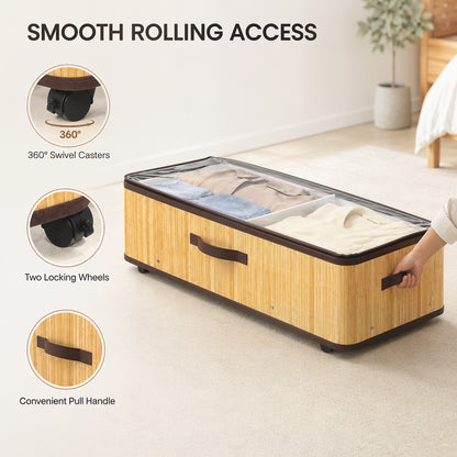 60L Under Bed Storage with Wheels Pack of 2, Underbed Storage Box with Clear Lid Cover and Reinforced Handle, Natural