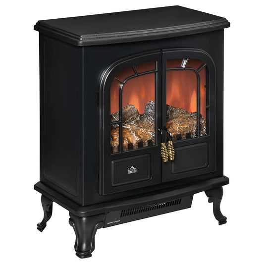 Electric Fireplace Stove Freestanding Log Burner with Double Door, 1000W/2000W, Portable Electric Fire Fan Heater with LED Flame Effect, Adjustable Thermostat, Overheat Protection