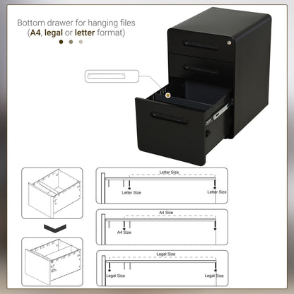 Lockable File Cabinet with 3 Drawers, Vertical Office Drawer for A4, Letter, Legal Size, Anti-tilt Design, Pre-Assembled Body