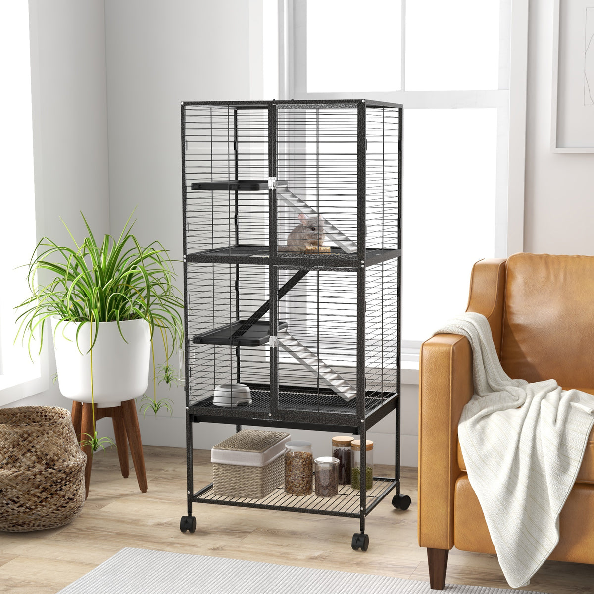 Rolling Chinchilla Cage, Small Animal Cage for Ferrets w/ Three Doors, Storage, Shelf, Tray, Bowl, Water Bottle