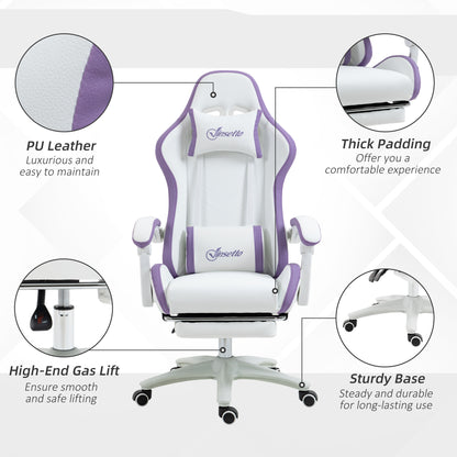 Computer Gaming Chair, PU Leather Office Desk Chair with Footrest, Swivel Wheels, 135° Reclining Back, Lumbar Support, Headrest for Home, White and Purple