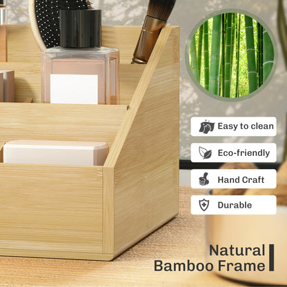 Desk Organiser Holder, Bamboo Multi-Function Storage Caddy with 7 Storage Compartments and 2 Drawers for Home Office Stationary Supplies, Natural Bamboo