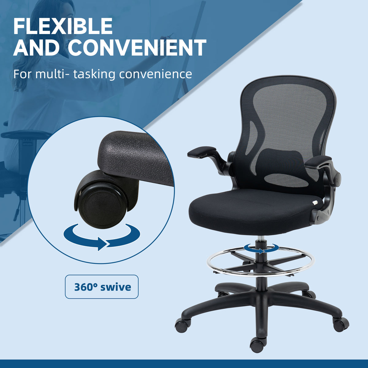 Adjustable Mesh Standing Desk Chair with Flip-up Armrests Lumbar Support Armrests Adjustable Footrest Ring Black