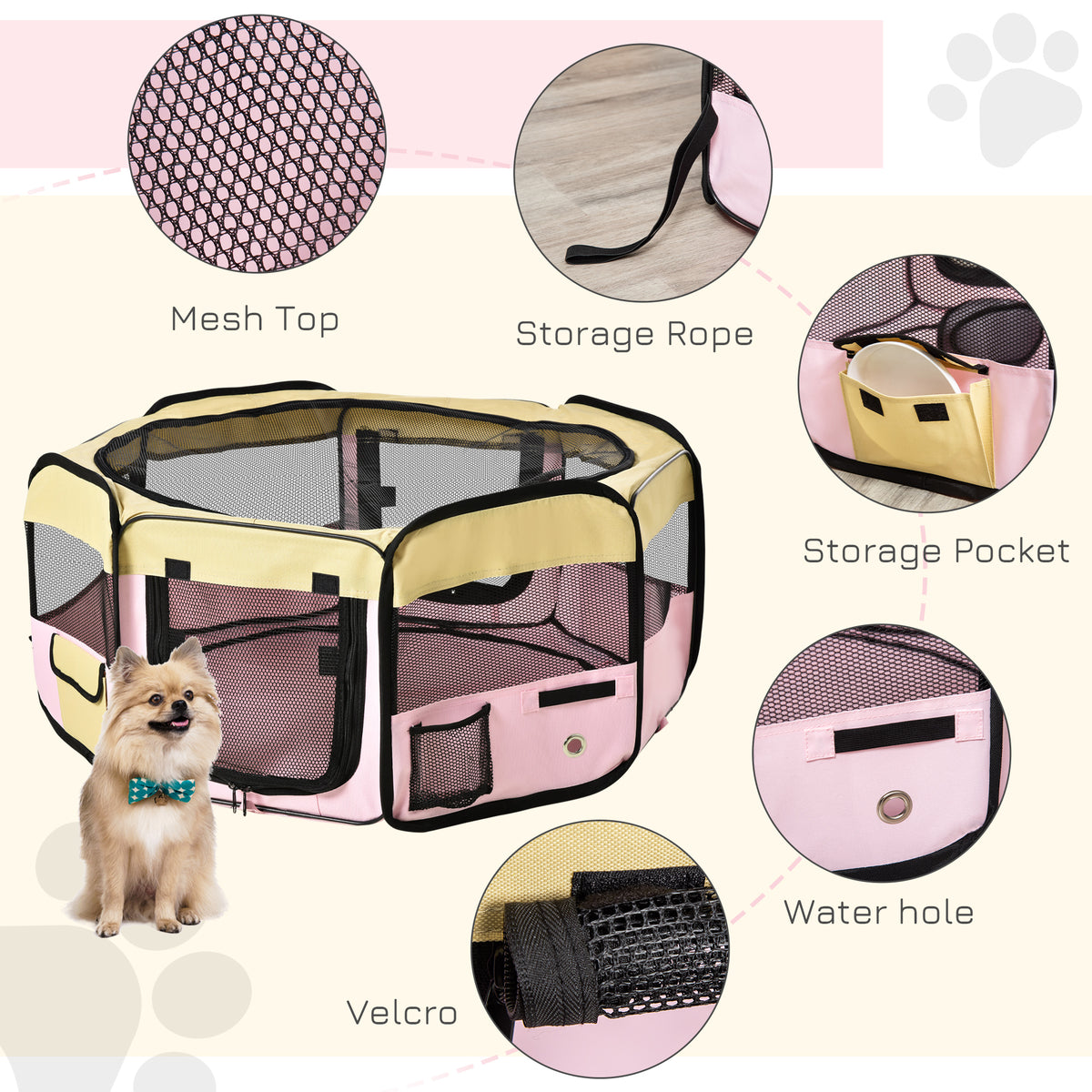 600D Oxford Soft Fabric Kennel, Pet Whelping Box Lightweight Dog Cat Puppy Playpen Rabbit Guinea Pig Foldable Portable Play Pen in Pink With Carry Bag Small Dia 90 x 41Hcm