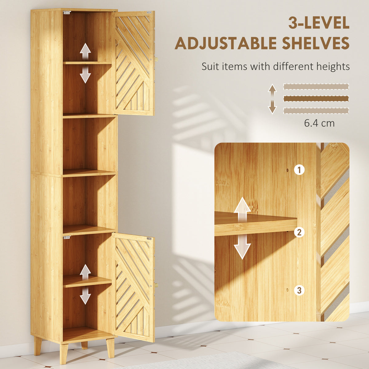 Multi-Storage Bamboo Door Bathroom Cabinet - Natural Finish