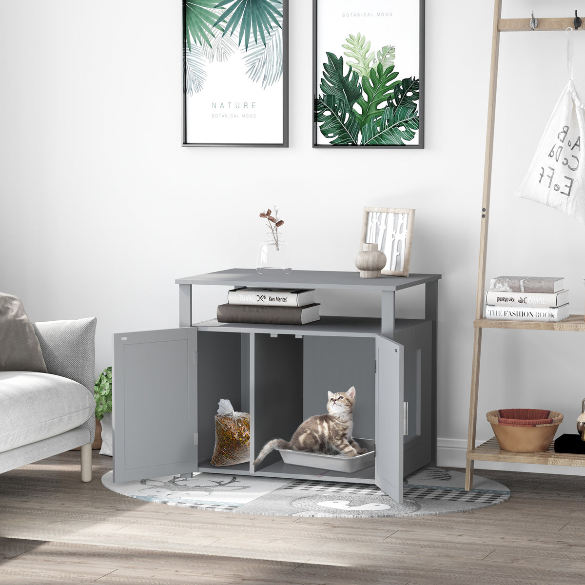 Wooden Cat Litter Box Enclosure Furniture with Adjustable Interior Wall & Large Tabletop for Nightstand