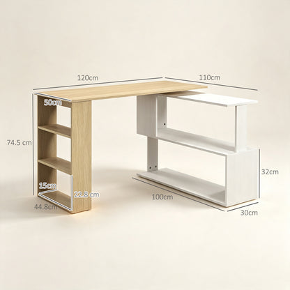 Corner Computer Desk, L Shaped Desk with 360° Rotating Bookshelf, 120L x 110W x 74.5H cm