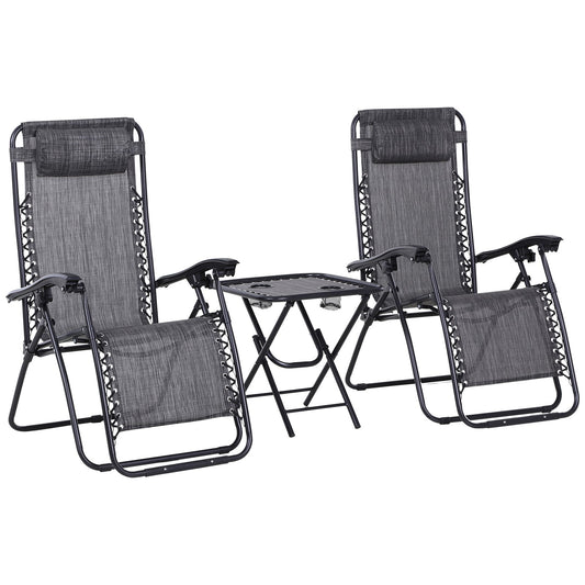 3pcs Folding Zero Gravity Chairs Sun Lounger Table Set w/ Cup Holders Reclining Garden Yard Pool