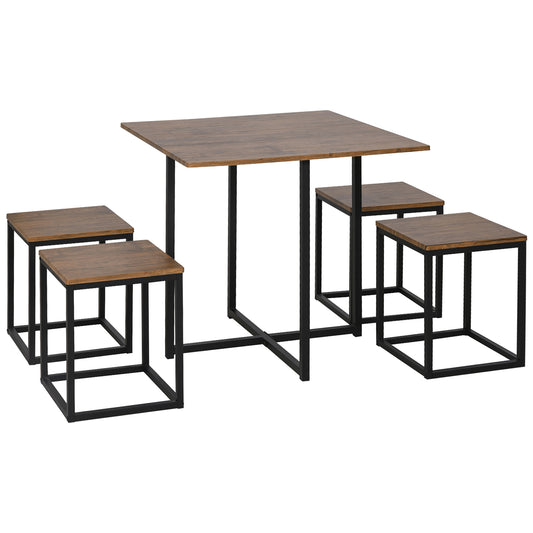 5 Piece Dining Table and Chairs Set 4, Industrial Space Saving Table and Chairs with Metal Frame, Square Kitchen Table and Stools for Dining Room, Brown