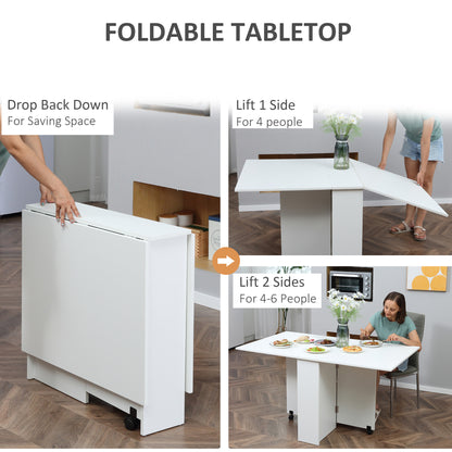 Folding Dining Table, Drop Leaf Table with 2-Tier Shelves, Rolling Casters, for Small Spaces, Kitchen, White