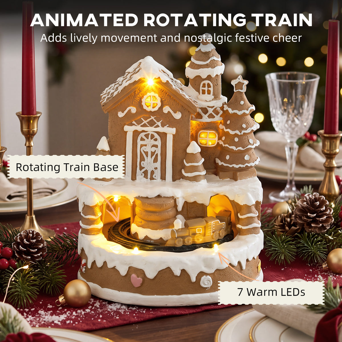 Christmas Gingerbread House, Lighted Musical Snow Village with Rotating Train, LEDs, Tunes, Battery Operated