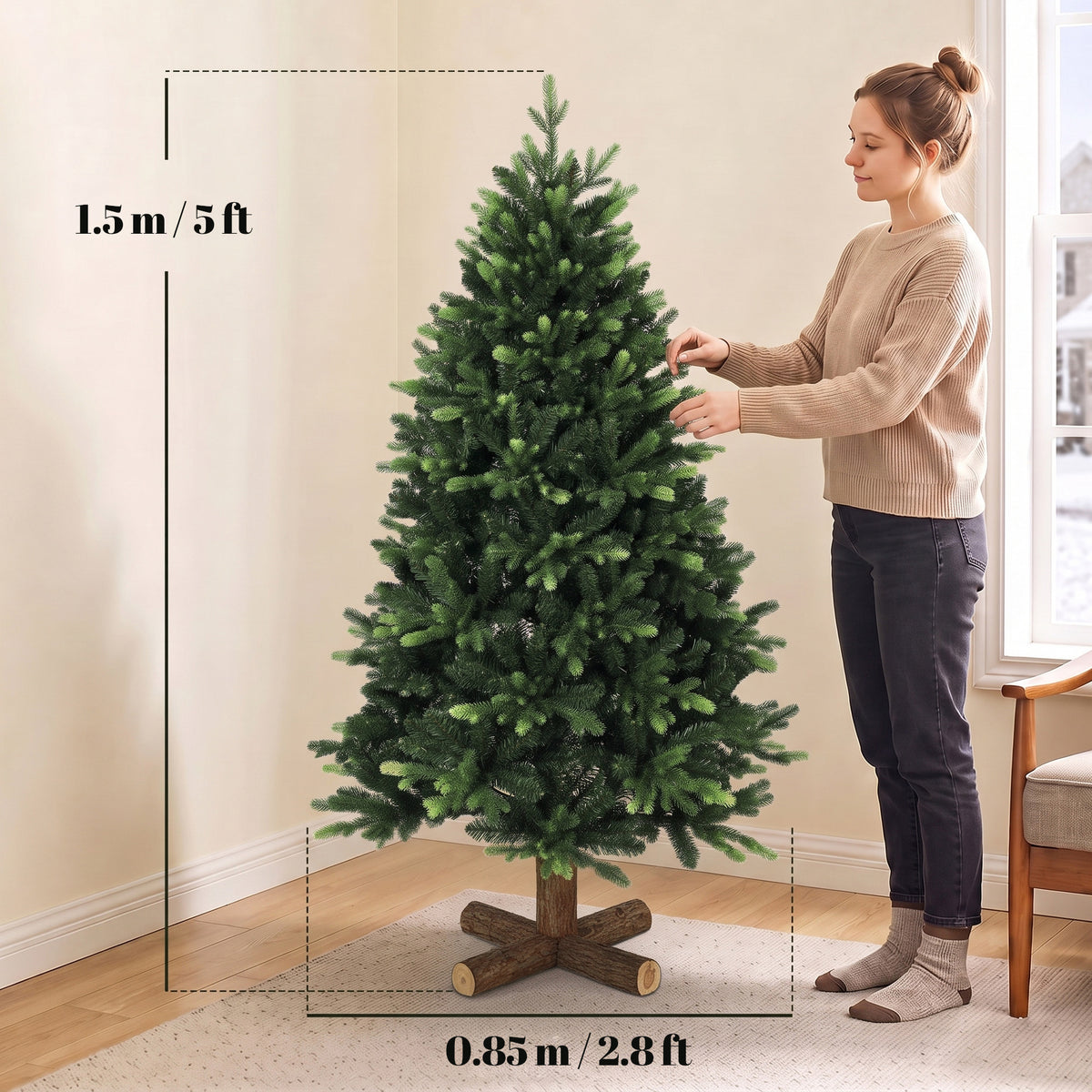 Artificial Christmas Tree, Hinged Xmas Tree with 1620 PE & PVC Branch Tips, 5ft, Green