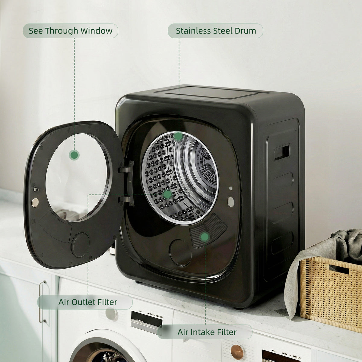 4kg Vented Tumble Dryer with 5 Drying Mode, 800W Compact Freestanding Front Tumble Dryer