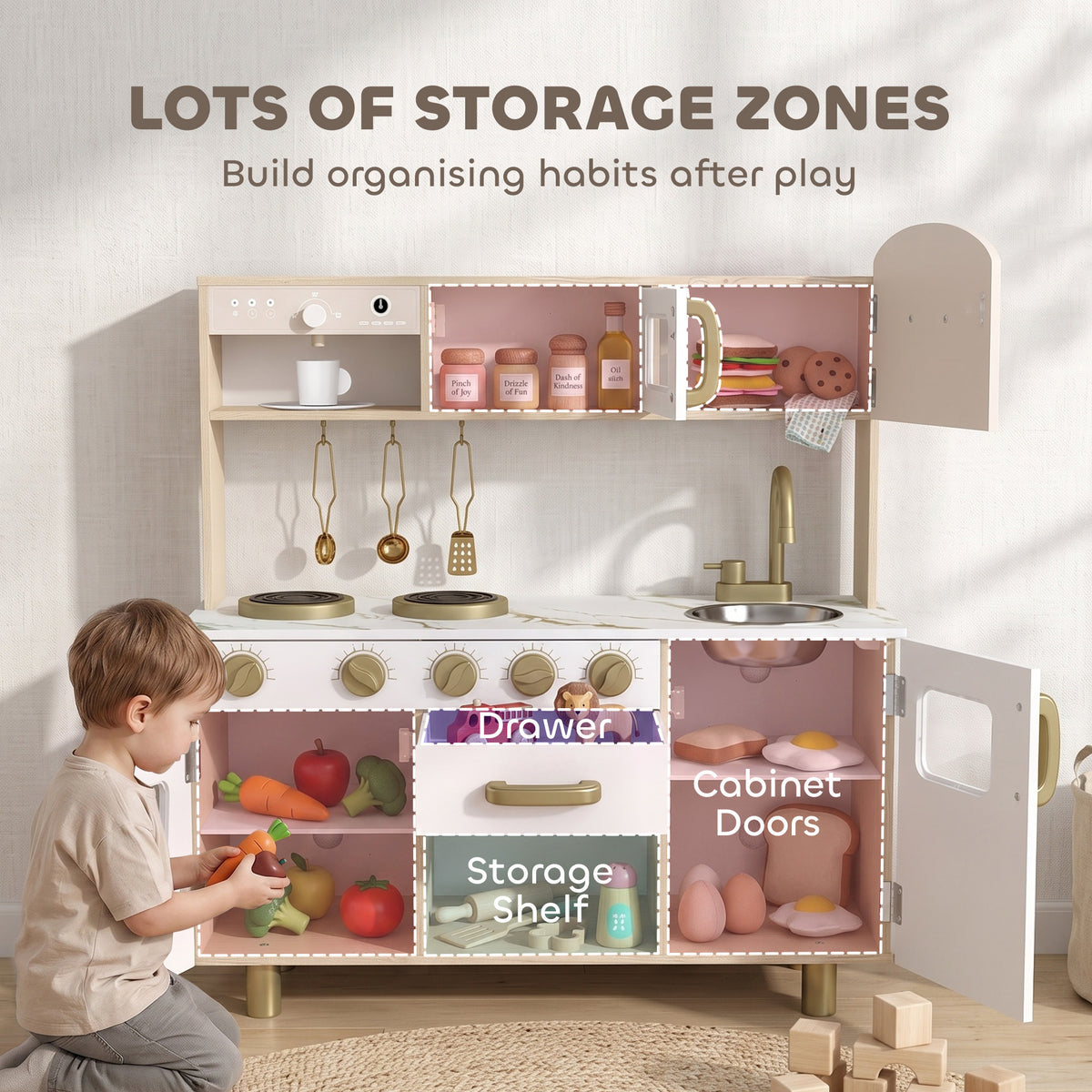 Play Kitchen, Kids Kitchen Playset with Rotating Coffee Machine, Storage Shelf, Stove, Gift for Kids 3-6 Years, White