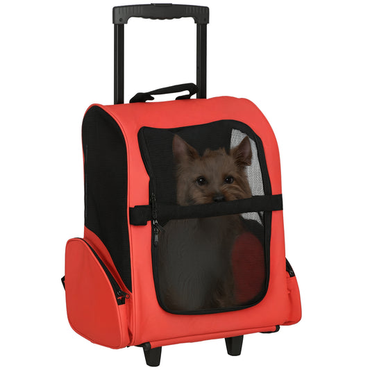 2 in 1 Dog Backpack and Trolley, Pet Travel Backpack Cat Dog Carrier with Telescopic Handle, Portable Pet Stroller Wheel Luggage Bag (Red)