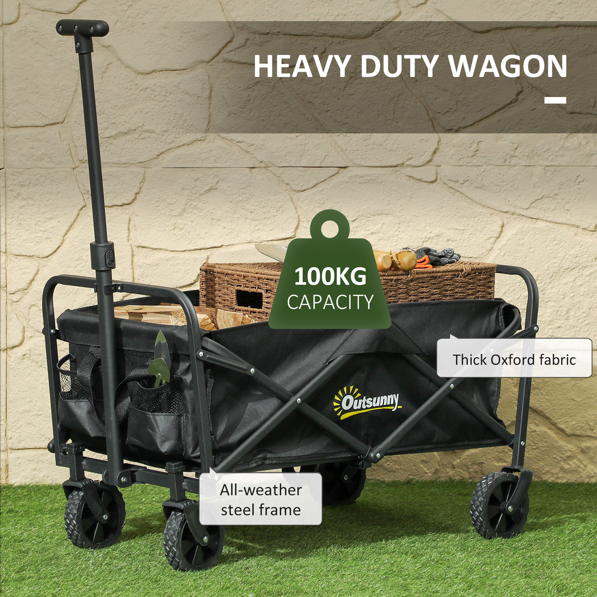 93L Festival Trolley on Wheels, Garden Folding Trolley Cart, 100kg Heavy Duty Collapsible Folding Wagon with Adjustable Handle and Carrying Bag for Beach, Camping, Festival