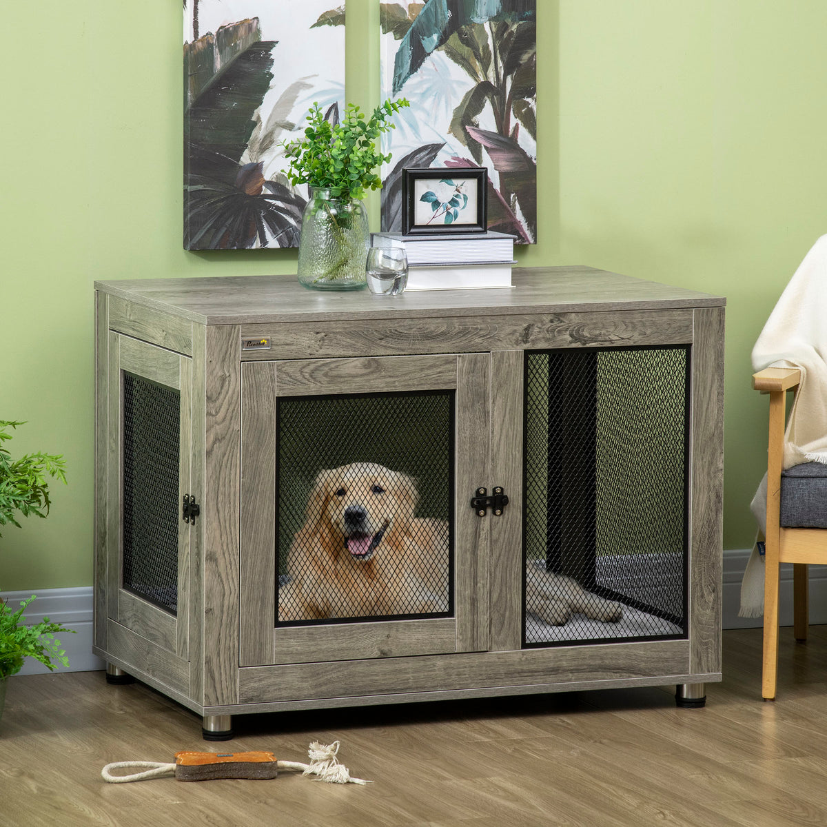 2-in-1 Dog Cage & Side Table, with Two Doors, Cushion