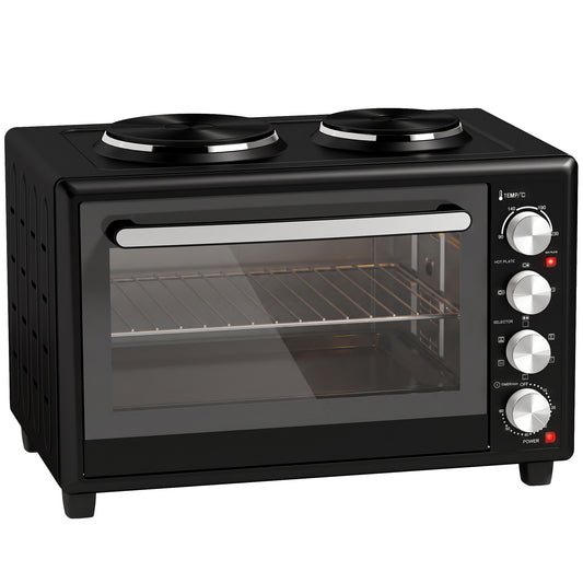 36L Mini Oven with Dual Hot Plates, Electric Countertop Cooker with Convection, 90–230°C Adjustable Temperature
