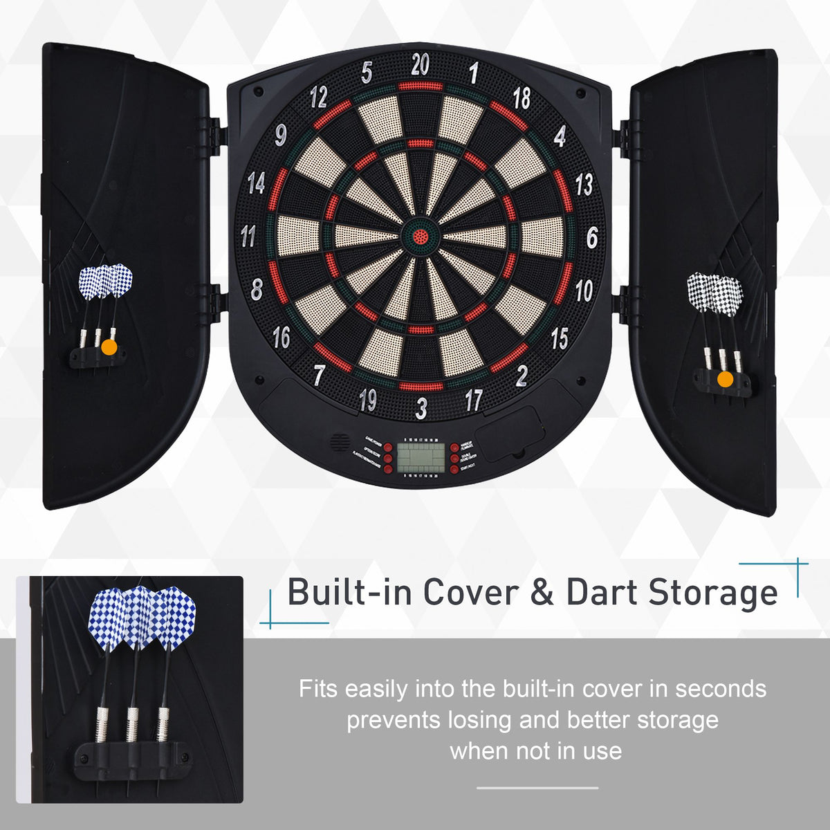 Electronic Dartboard Set 26 Games and 185 Variations with 6 Darts and Cabinet to Stroage Multi-Game Option Ready-to-Play